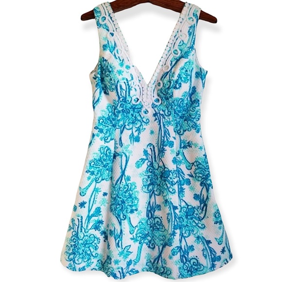 LILLY PULITZER BRYNN DRESS SHIFT SLEEVELESS BLUE WHITE BIRDS LACE SIZE 2 - Picture 2 of 10